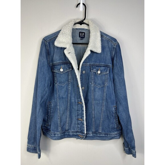 GAP Jeans Denim Jacket Sherpa Trim Collar Womens Size XL Classic Trucker - Picture 1 of 10